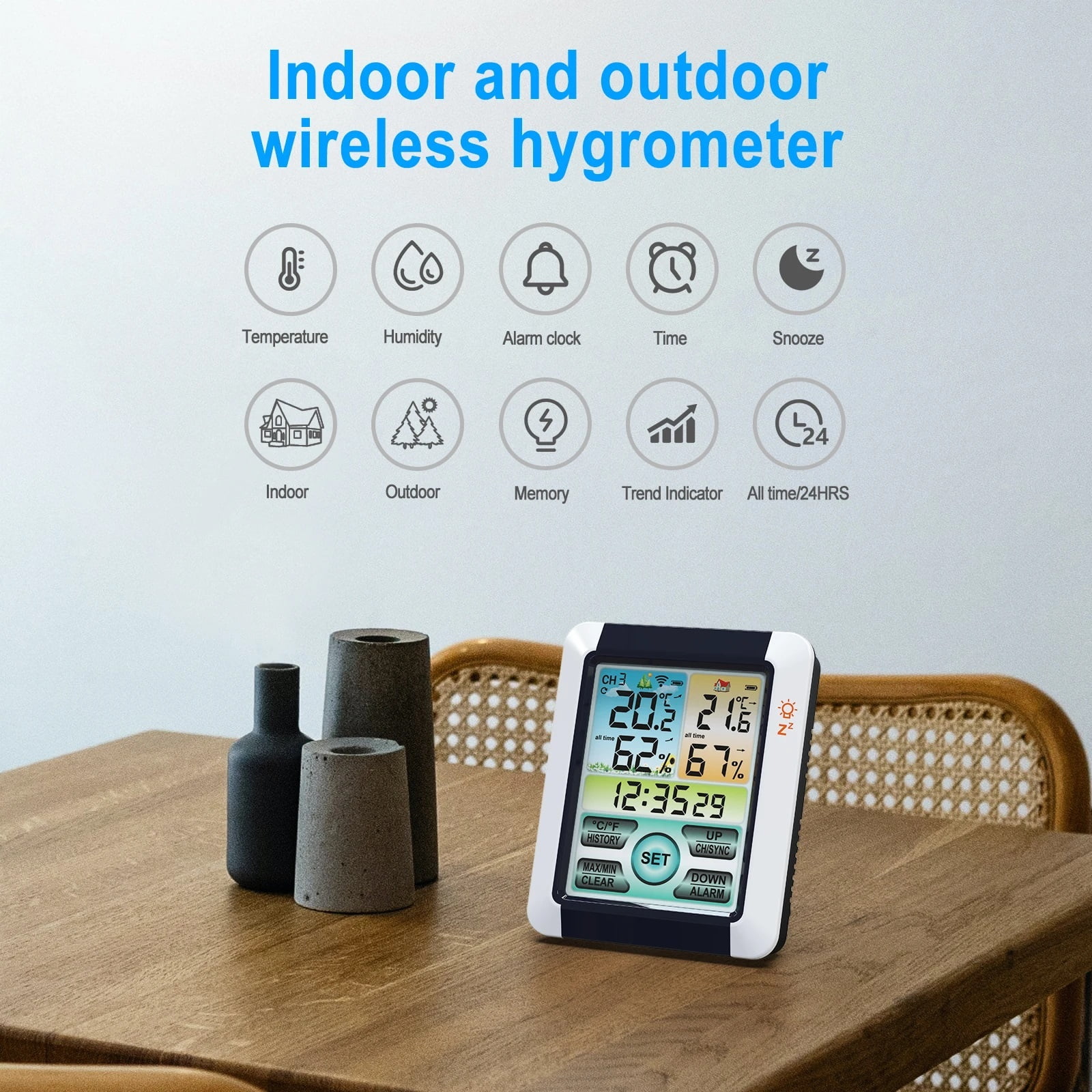 Digital Weather Station Clock Indoor Outdoor Weather Forecast Barometer Thermometer Hygrometer with Wireless Outdoor Sensor ,High Precision