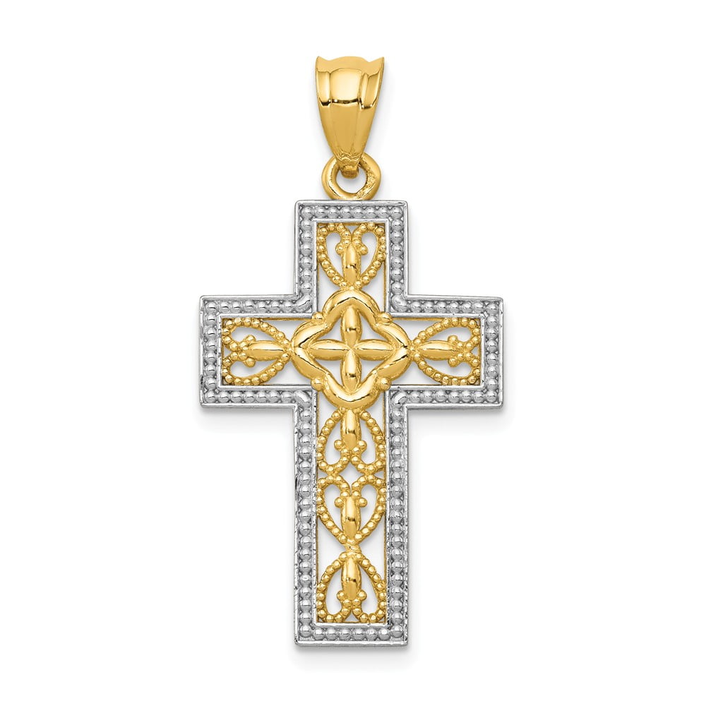 14K Two-Toned Gold Layered Yellow Cross with Silver Diamond Cut Pattern Dainty Religious Pendant