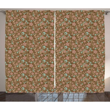 Brown And Blue Curtains 2 Panels Set Floral Pattern With Swirls