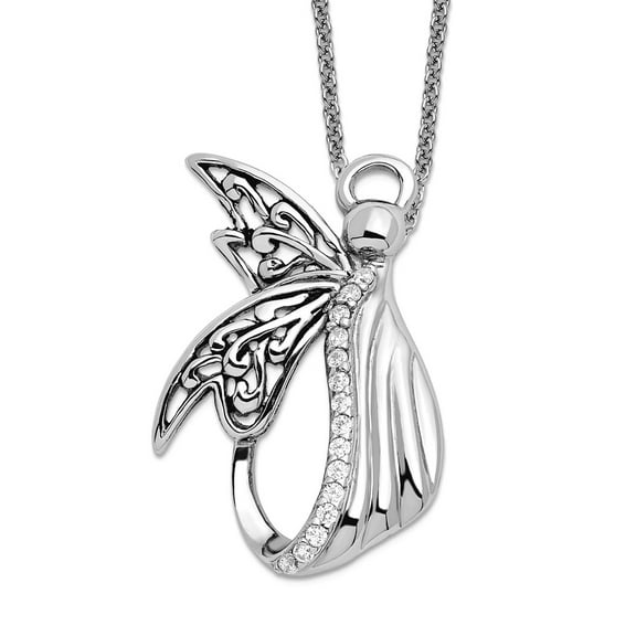 925 Sterling Silver Polished Spring-Ring Oxidized Cubic Zirconia Religious Guardian Angel Necklace 18 Inch Pendant Neckl