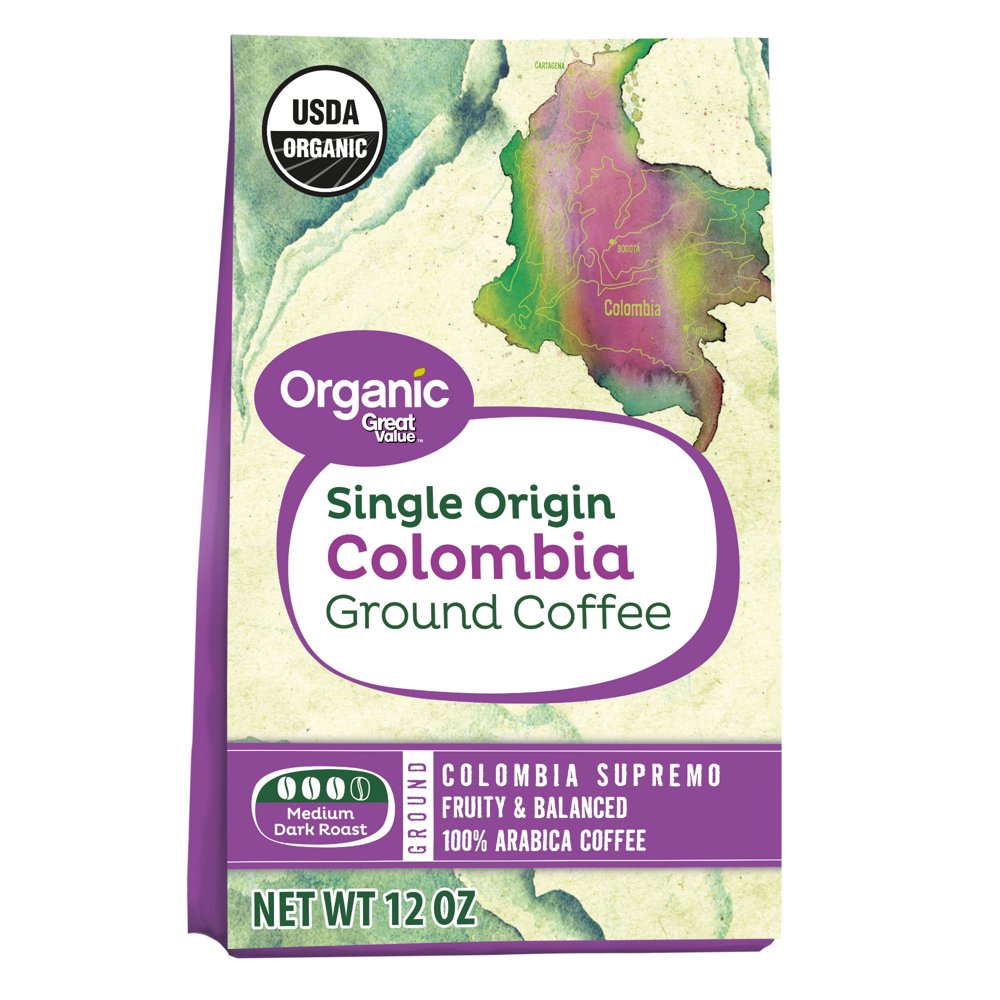 Great Value Organic Single Origin Colombia Ground Coffee, 12 oz