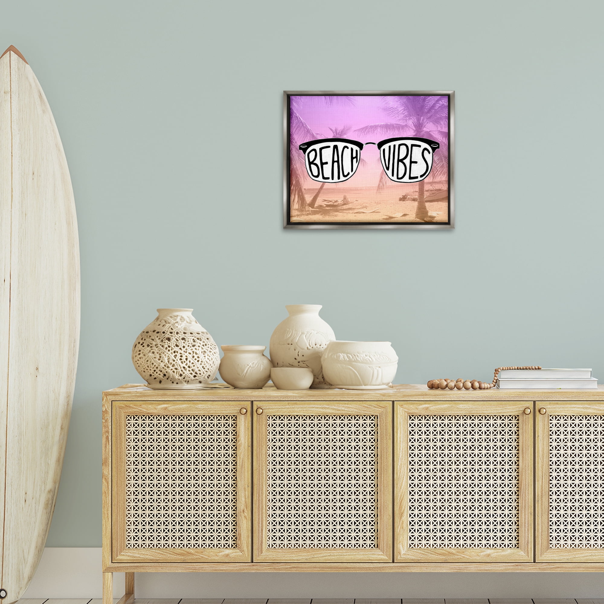 Stupell Industries Tropical Beach Vibes Typography Painting Gray Floater Framed Canvas Art Print Wall Art, 21 x 17