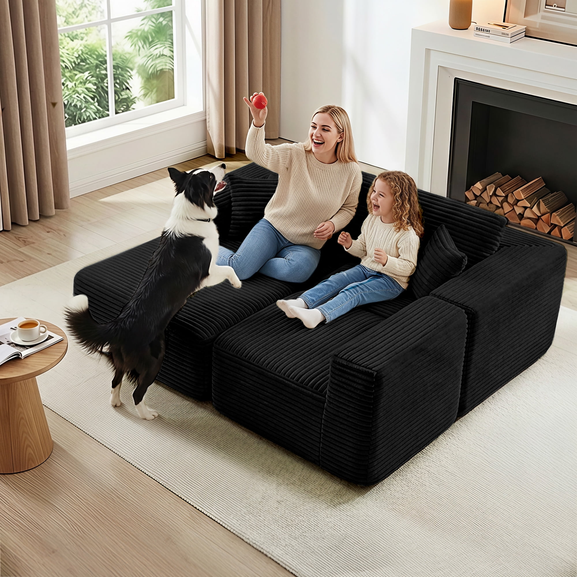 MAYEERTY Modern Corduroy Modular Sectional Sofa - Boneless Couch for Home, 104"W x 67"D Black
