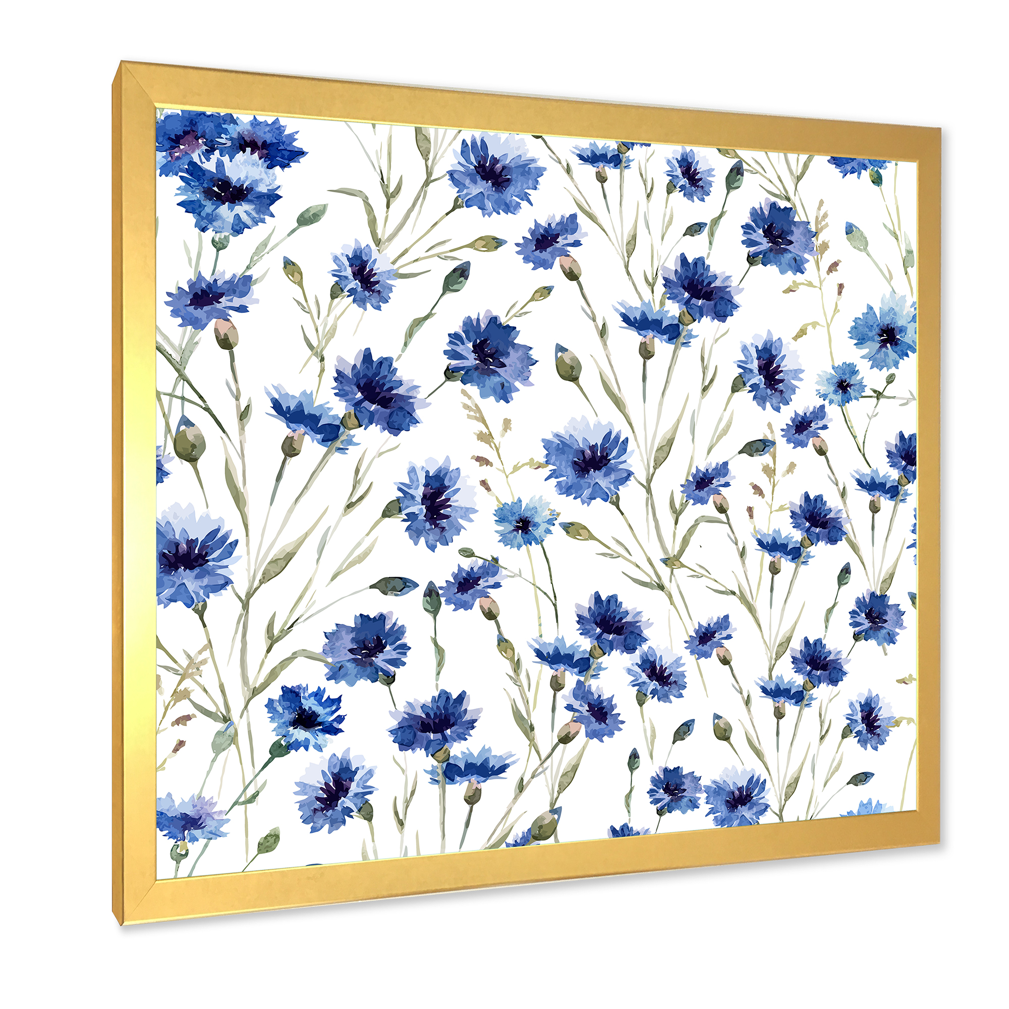 Designart 'Blue Wildflowers With Green Leaves On White' Traditional Framed Art Print
