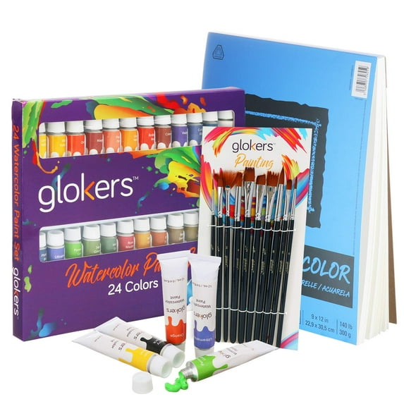 glokers Premium Watercolor Paint Set Bundle with Canson XL Watercolor Pad + 24 Paint Tubes/Colors + 10 Professional Paintbrushes - Painting Art Kit for Adults, Beginners, or Advanced Students