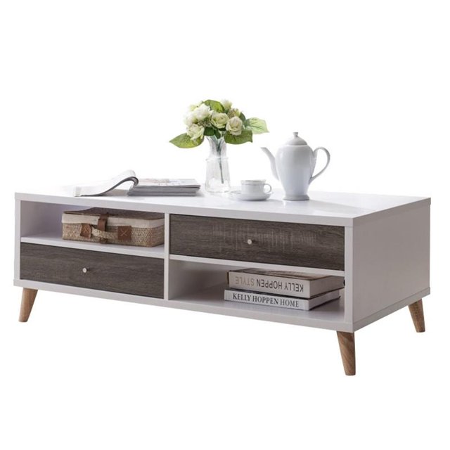 Bowery Hill Table Basse à 2 Tiroirs en Bois d'Ingénierie, Blanc et Gris Foncé