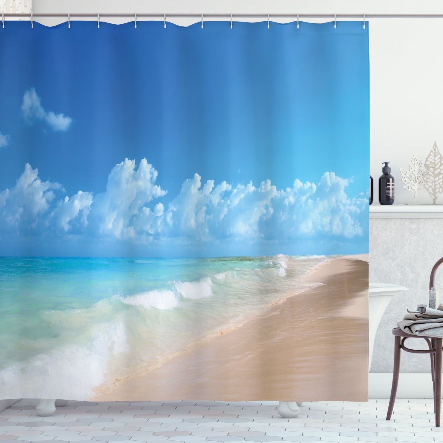 Summer Holidays in Beach Seashore Shower Curtain Set Bathroom Polyester Fabric 