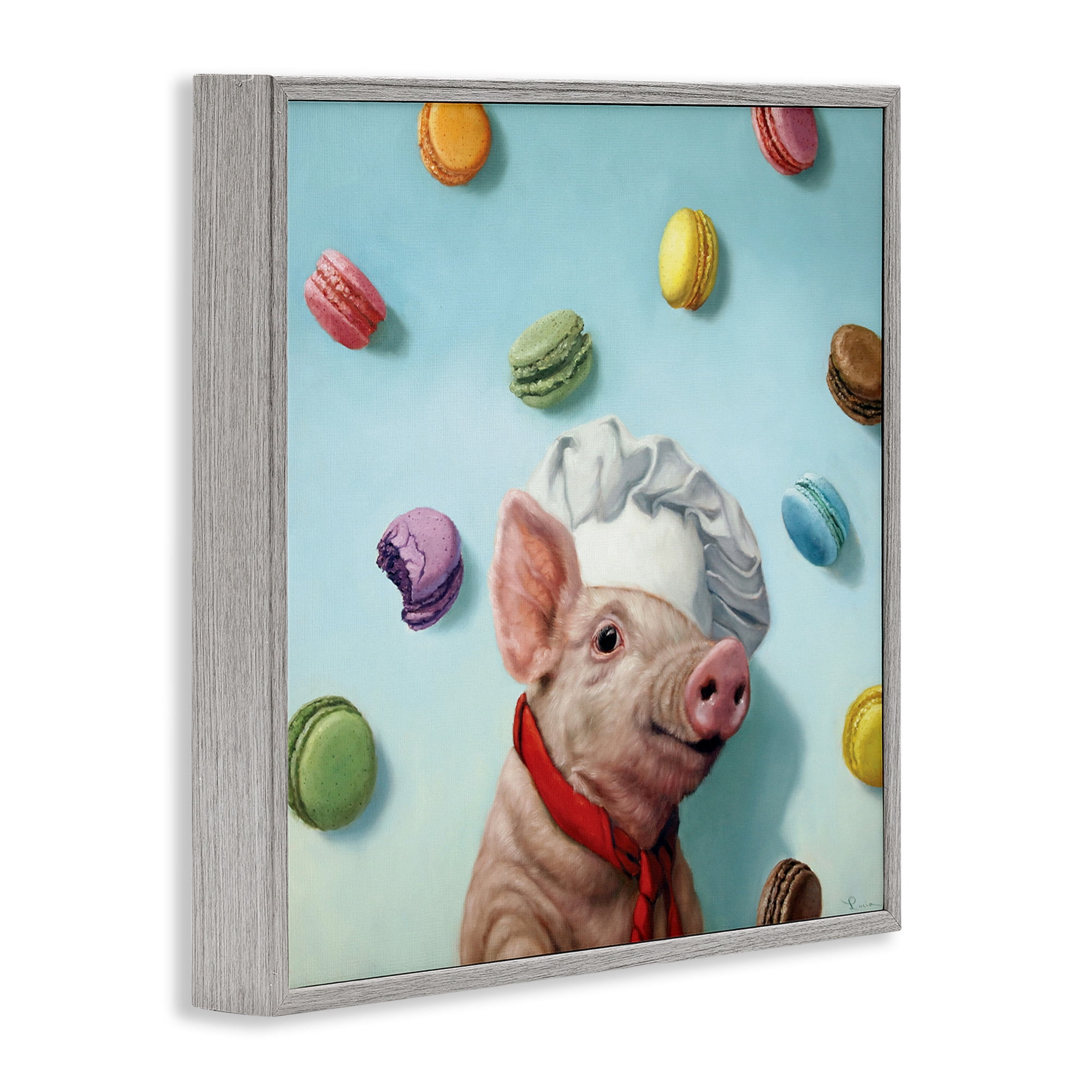 Stupell Industries Pig Chef with Playful Macarons Animals & Insects Painting Gray Framed Art Print Wall Art, 12 x 12