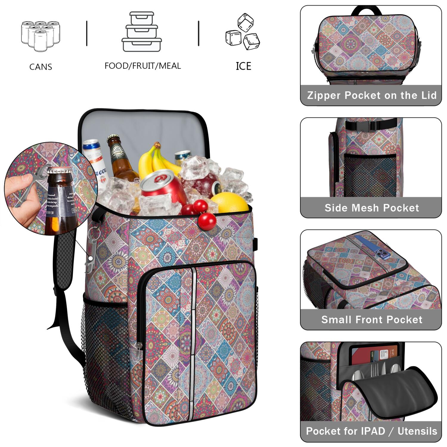 Travel Cooler Bag - Boho Bohemia Flower Camping Beer Cooler Backpack with Bottle Opener- Waterproof Insulated Picnic Backpacks - Cooler Bag for Beach