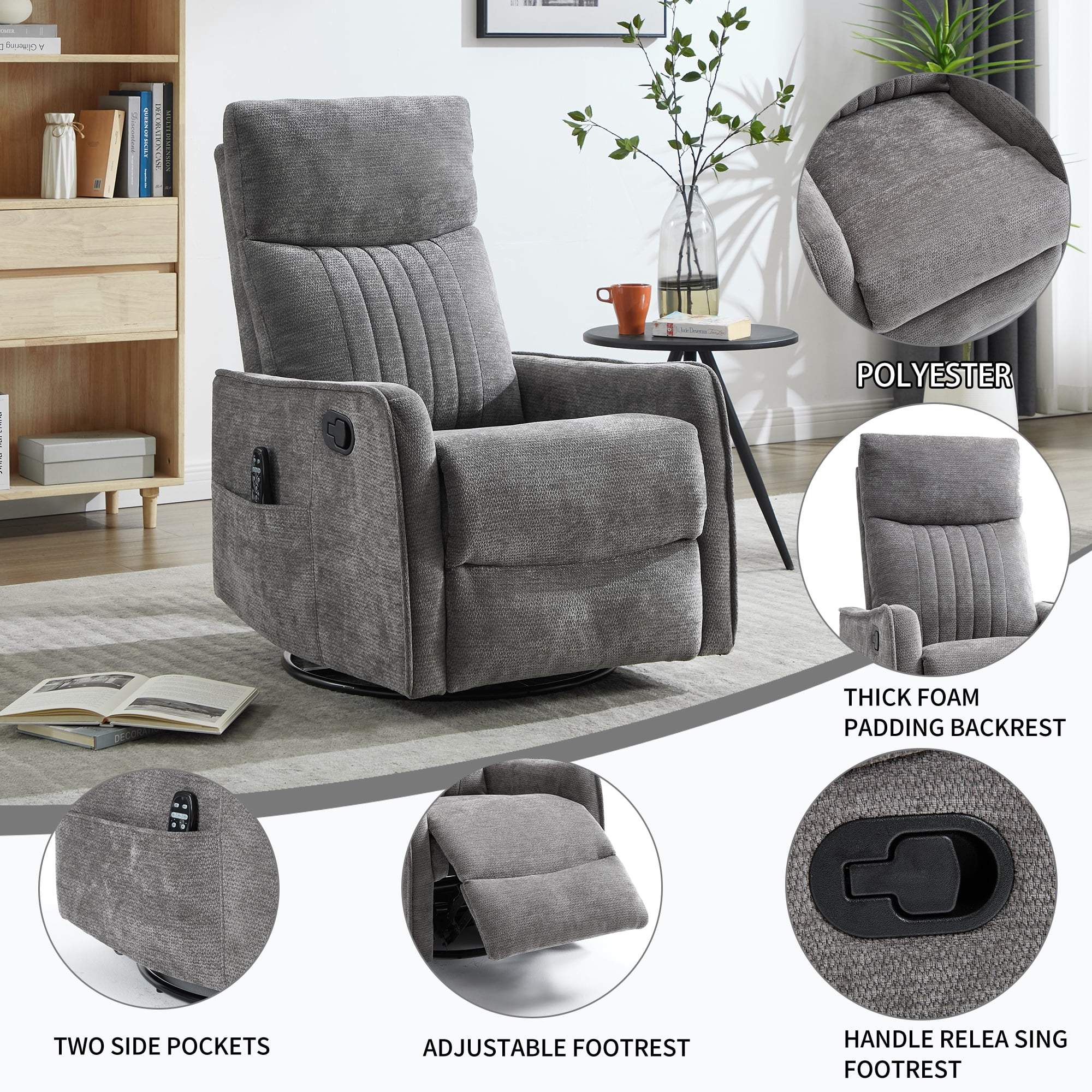 Gewnee 360° Swivel Rocking Recliner with Massage & Heat, Adjustable Reclining Angle, for Living Room & Office，Dark Gray