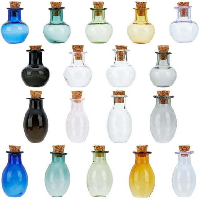 Paquete de 18 mini botellas de poción de 9 colores, redondas y ovaladas, con tapones de corcho, botellas de vidrio, mini botellas de poción, botellas flotantes para deseos, para manualidades, bodas,