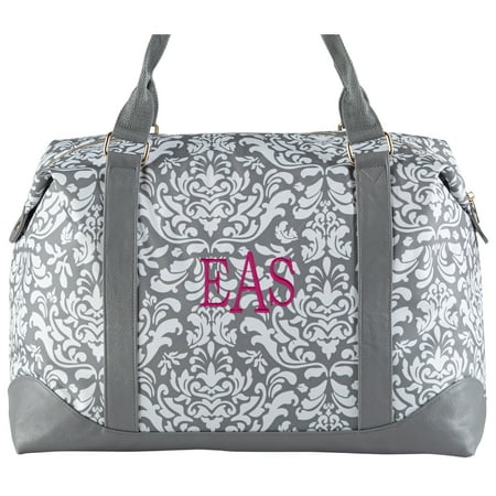 Personalized Gray Damask Embroidered Weekender Bag - Available in 2 Fonts - 0