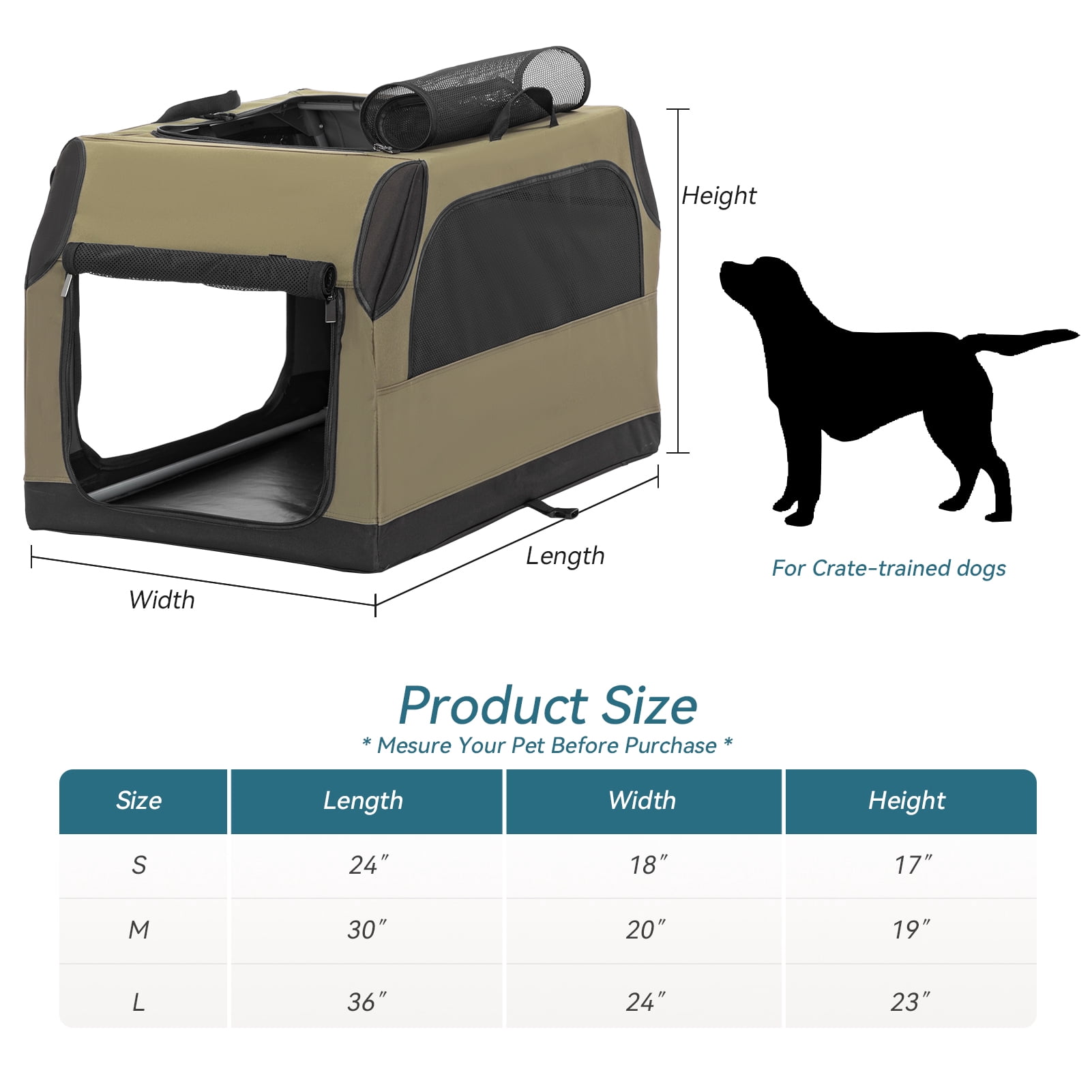 Petsfit 30 Inch Dog Kennel Indoor, Adjustable Fabric Cover by Spiral Iron Pipe, Chew Proof 3 Door Design, Soft Sided Collapsible Dog Crate Green