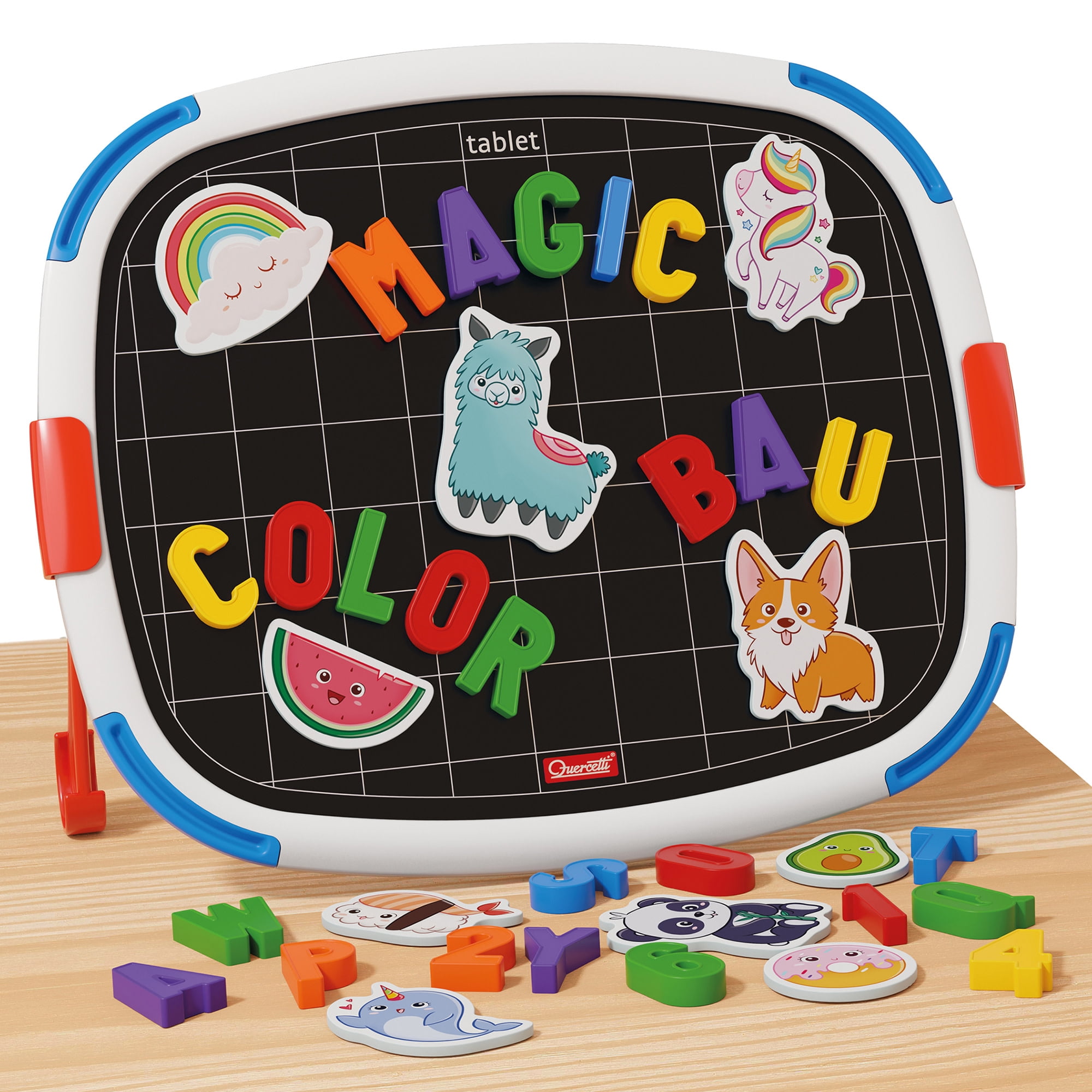 Quercetti: Magnetic Tablet - Double-Sided Magnet-White Board, Letters-Animals-Food Themed Magnets, Spelling Learning Tool, Educational Toy, Kids 4+