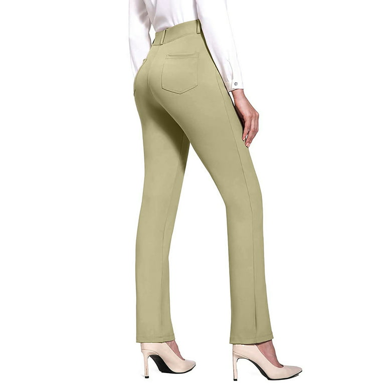 wybzd Women Casual Stretchy Pants Work Business Slacks Dress Pants Straight  Leg Trousers with Pockets Khaki XL