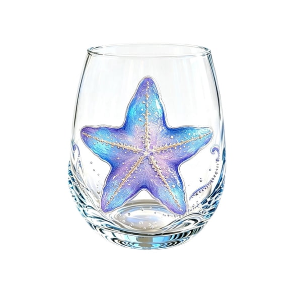 Artisanal Starfish Glassware, Novelty Stemless Drinking Glass with Flat Printed Starfish Design, Borosilicate Tumbler for Cocktails and Beverages, Coastal Home Bar Accessory