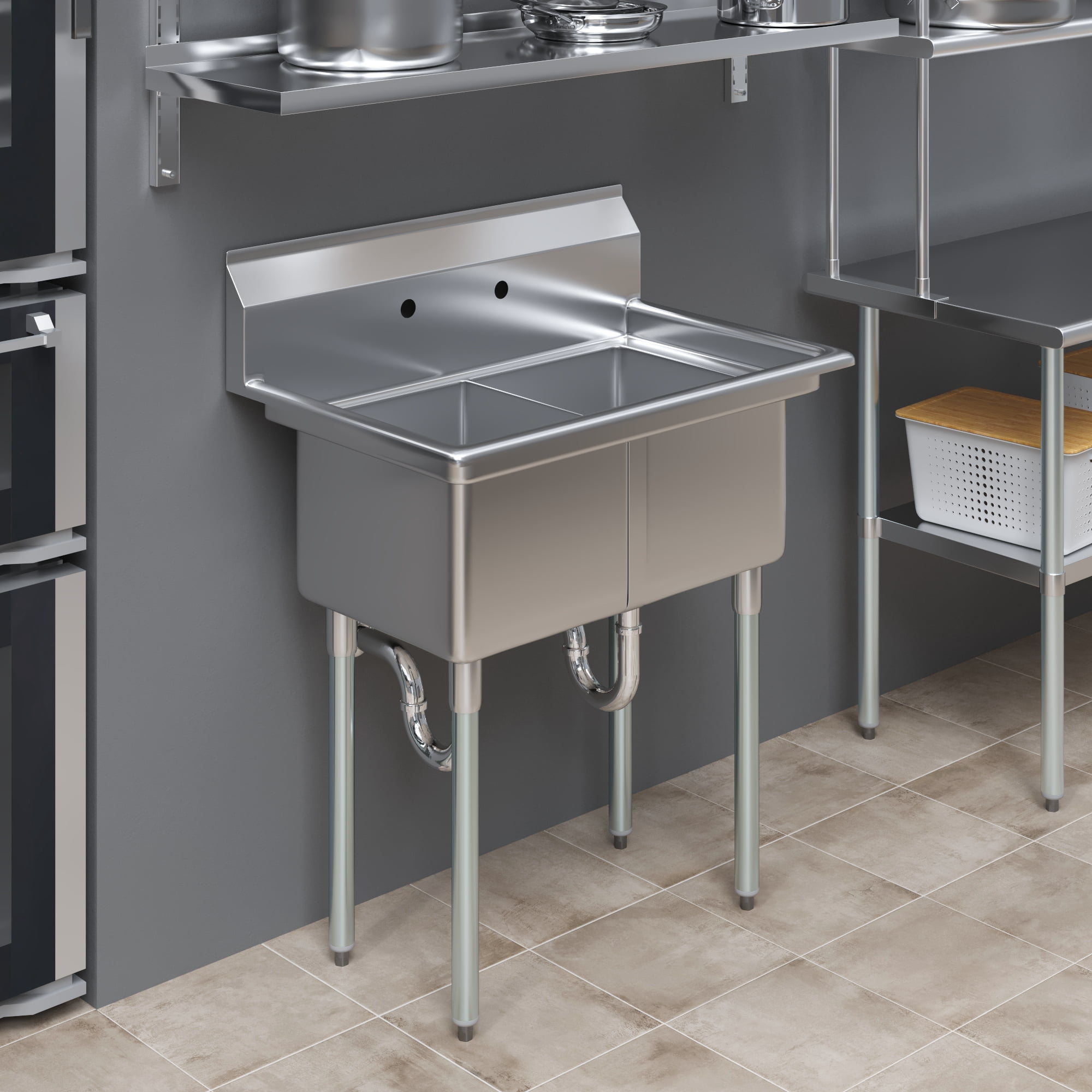 AmGood 22 in. x 34 in. Stainless Steel Two Compartment Sink with 14 in. x 16 in. x 11 in. Bowls