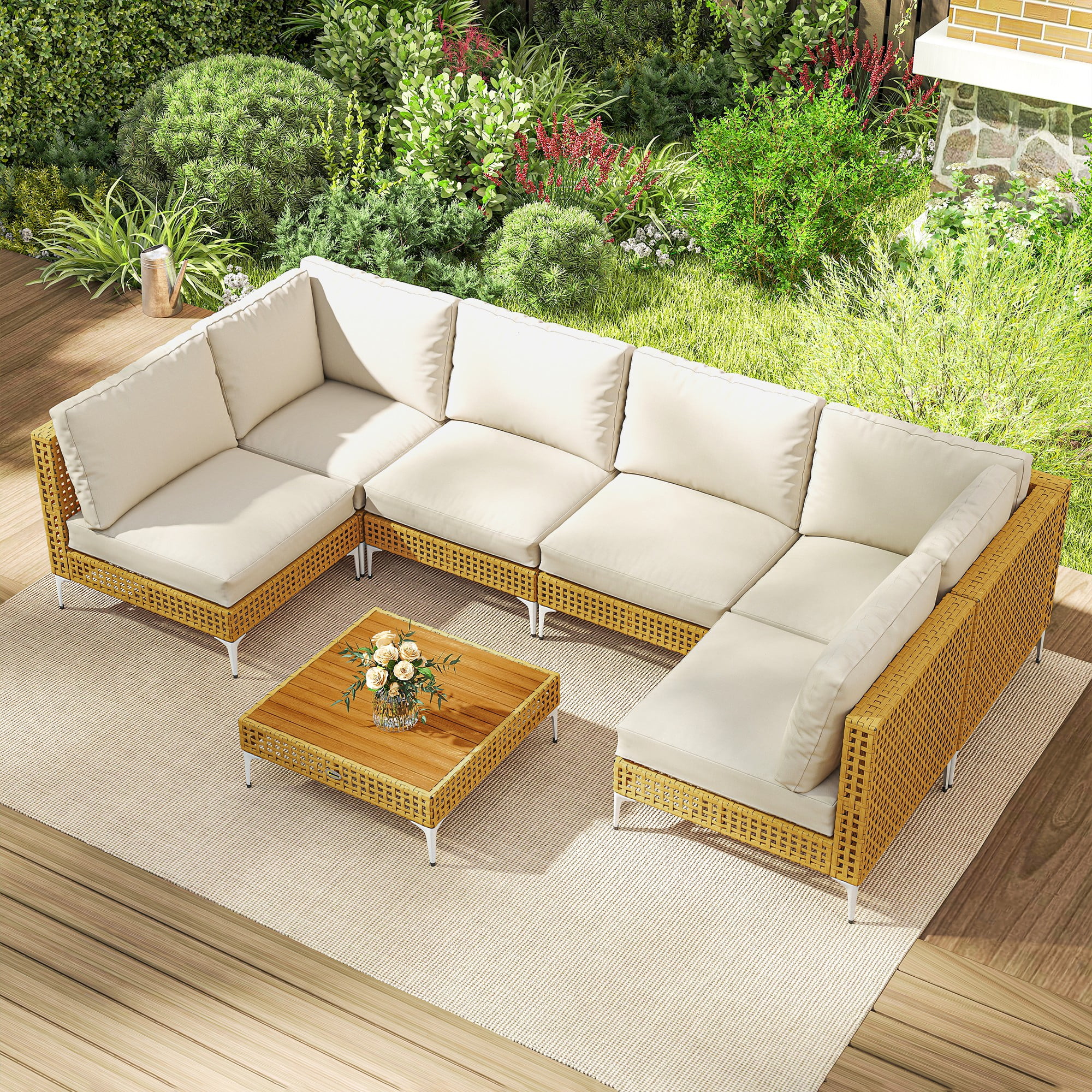 Outsunny 7 Piece Wicker Patio Furniture Set, Modular Outdoor Sectional Conversation Set with Thickened Cushions, Acacia Wood Table, Khaki/Beige