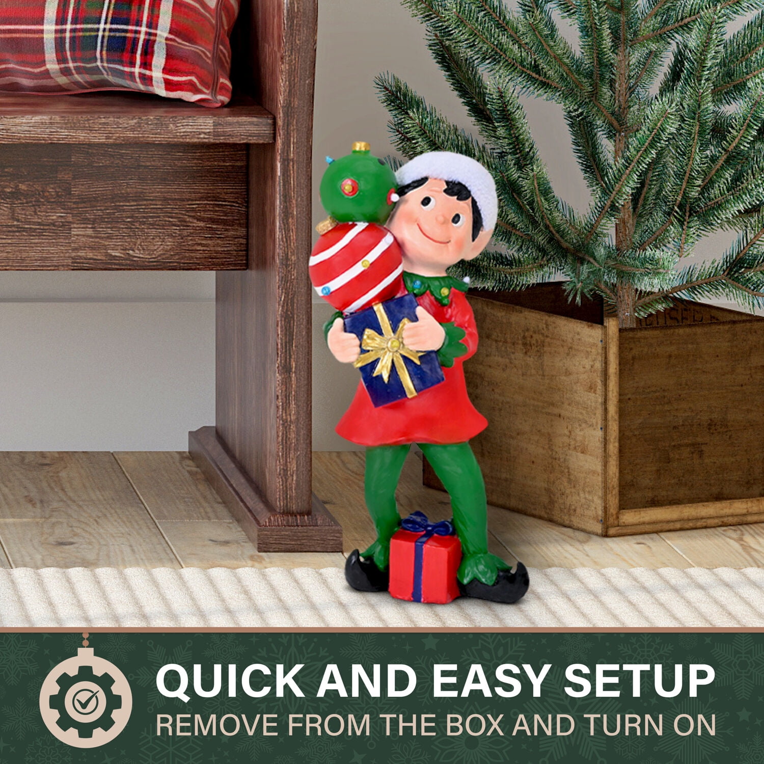 Fraser Hill Farm 30-inch Elf Figurine Holding Presents with Built