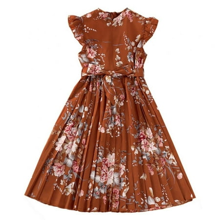 

SILVERCELL Girls Floral Dress Ruffle Sleeve Pleated Casual Swing Dresses with Belt for Kids 5-12 Years