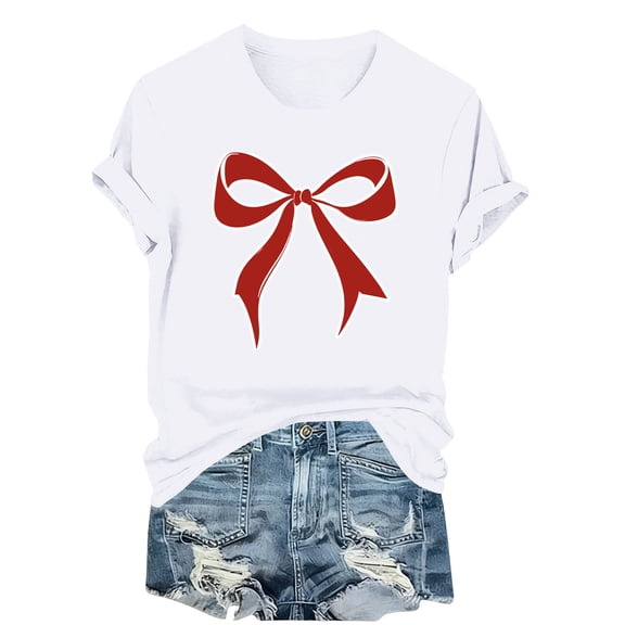 Kaemgyyd Valentine Shirts for Women Vintage Bow Printed T Shirt Rolled up Short Sleeve Valentines Gift Casual Tee Tops