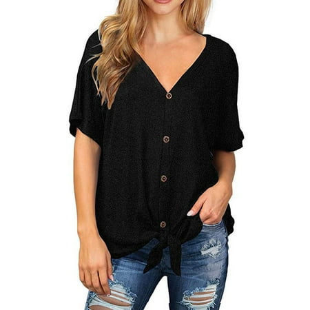 Womens Waffle Knit Tunic Blouse Tie Knot Short Sleeve Henley Tops Loose Fitting Bat Wing