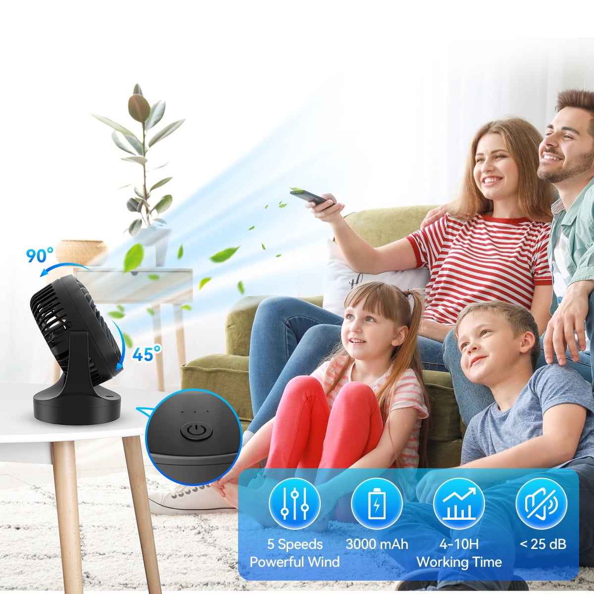JOLTIX 7" Table Fan,3100mAh,Silent, Super Wind Power and Battery Life, Desktop Mini Fan,Black