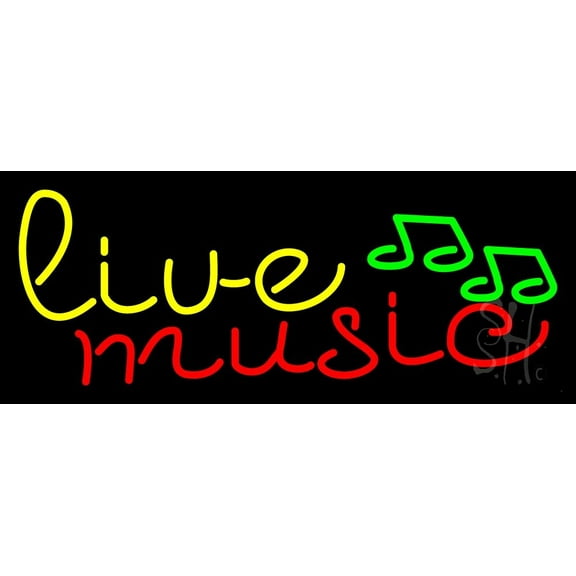 Yellow Live Music Cursive LED Neon Sign 10" Tall x 24" Wide - inches Black Square Cut Acrylic Backing, with Dimmer - Premium built indoor Sign for Studio, Club, Décor, Event, Storefront.
