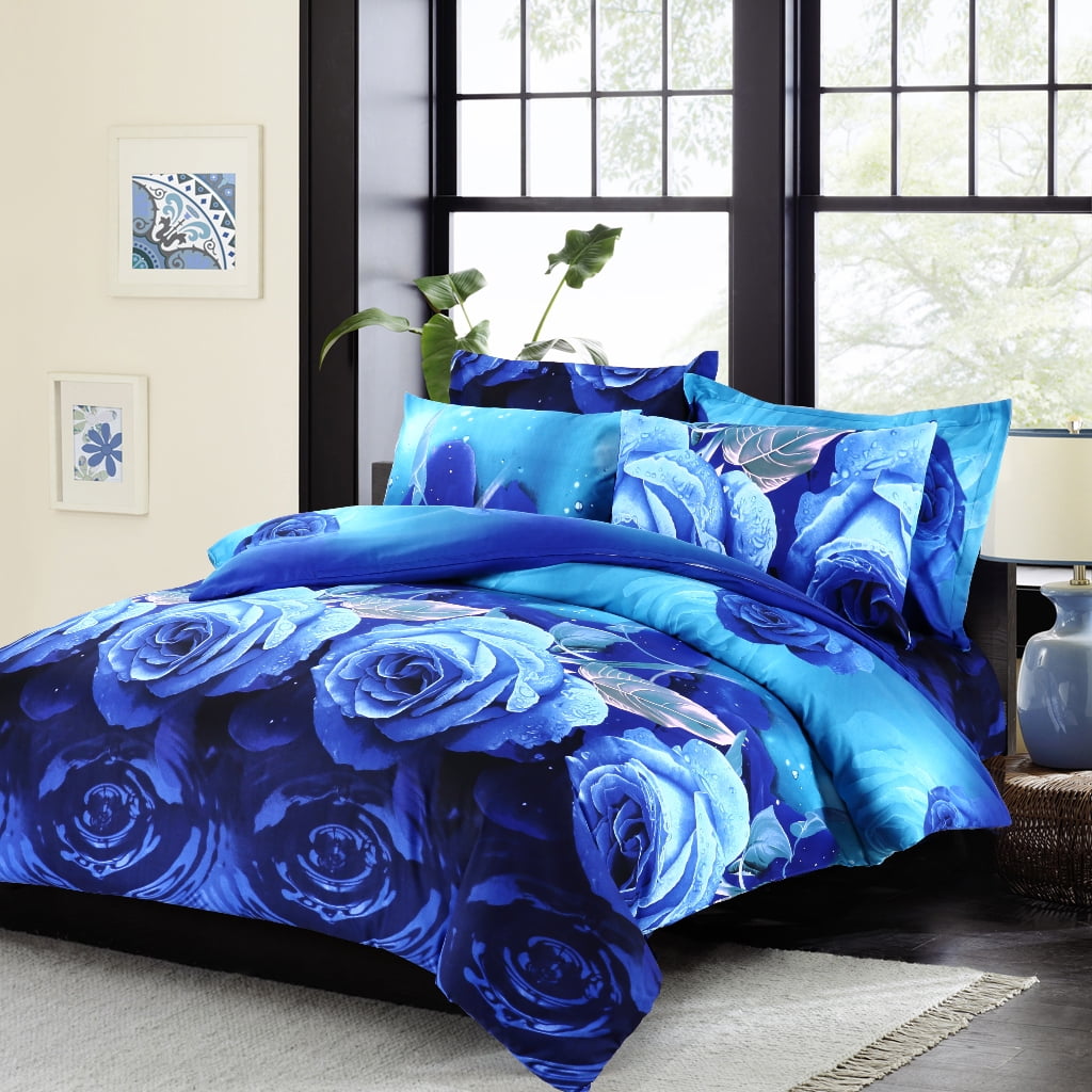 Swanson Beddings Blue Roses 3Piece Duvet Bedding Set Duvet Cover and