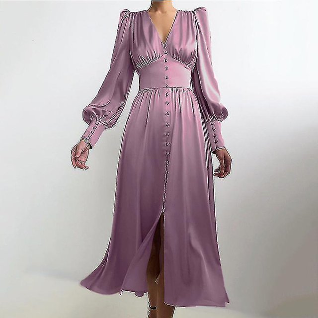 XS Vestido de satén diseño femenino sentido mangas acampanadas cintura delgada temperamento de Europa y Estados Unidos vestido largo delgado