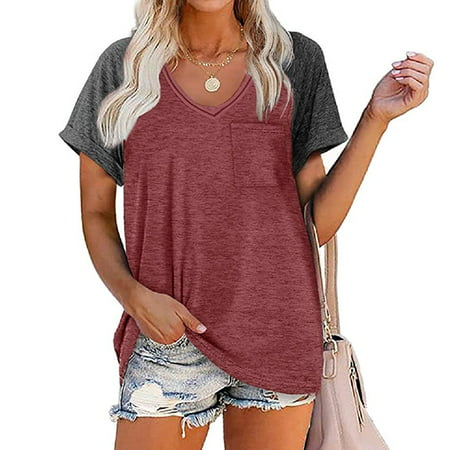 New Women's Summer Tops Casual T Shirts V Neck Solid Color Tops Regular ...
