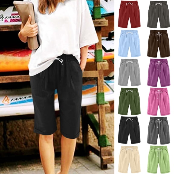 Shorts for Women Plus Size Fashionable Solid Color Womens Shorts Capris Drawstring With Pockets Womens Shorts Casual Summer Womens Shorts Under $15