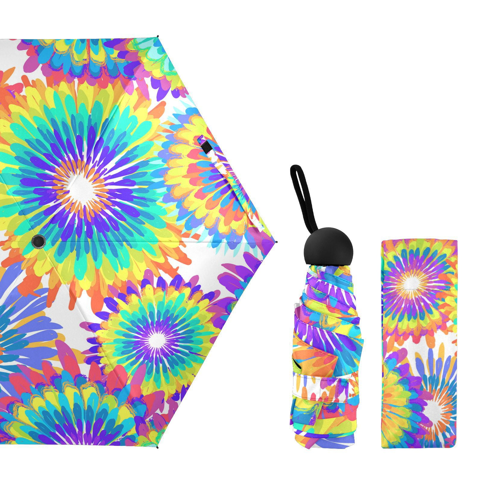 JSTEL Tie Dye Rainbow Circle Folding Umbrella for Rain Sun Travel Mini Lightweight Compact Umbrellas