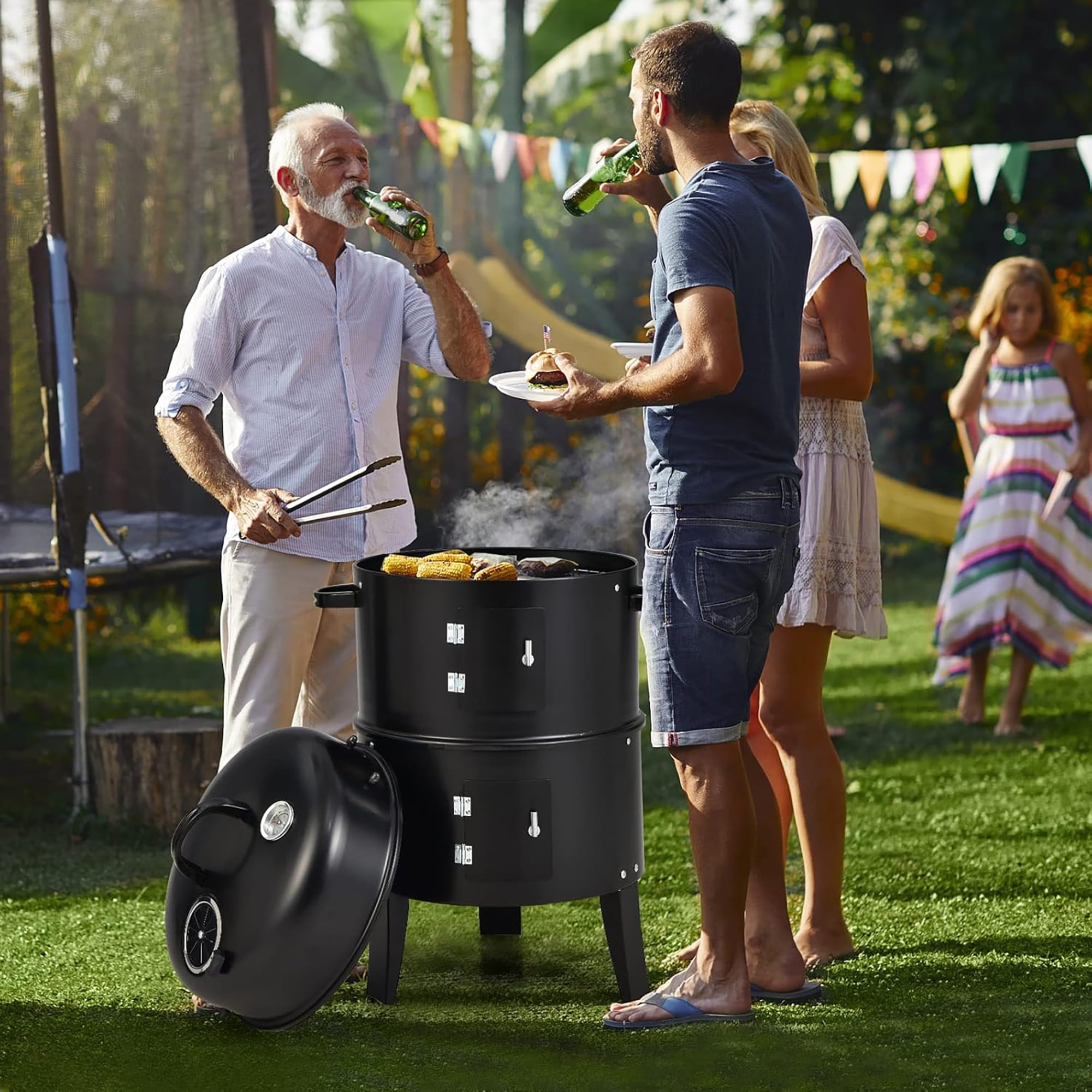 16" Charcoal Smoker Grill ,3 in 1 Vertical Barbecue BBQ Grill with 2 Cooking Area &Thermometer for Outdoor Camping Picnic Backyard Cooking Black