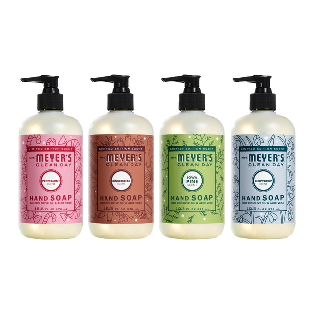 Jabón de manos Mrs. MEYER'S CLEAN DAY (4 x 354 ml) de pan de jengibre, pino de Iowa, menta y gota de nieve