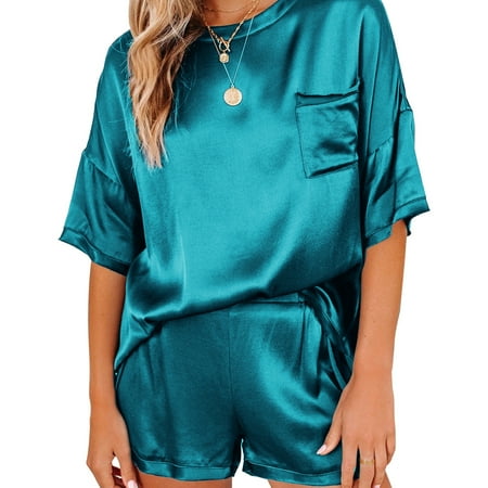 

HAWEE Women s Silk Satin Pajamas Set Two-piece Pj Sets Sleepwear Loungewear Short Sleeve Nightwear