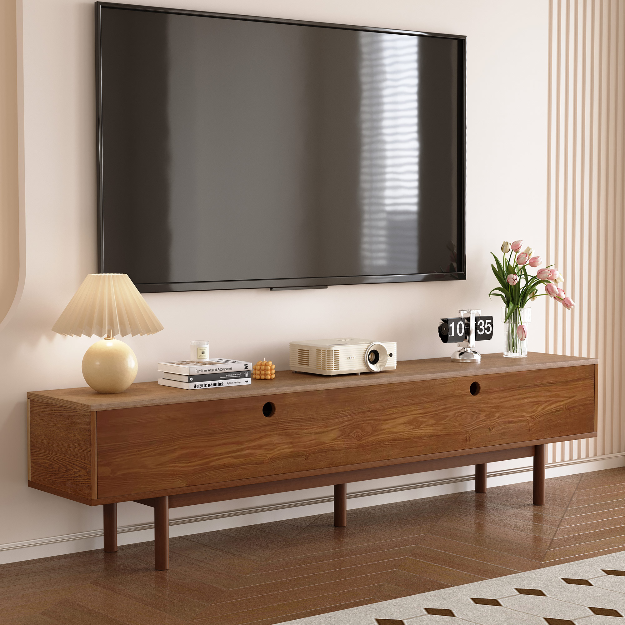 gaoyangjiaju Mid Century Modern 86.6" Solid Wood TV Stand, Ready-to-Use Entertainment Center with Storage, TV Console for Living Room & Bedroom, Walnut