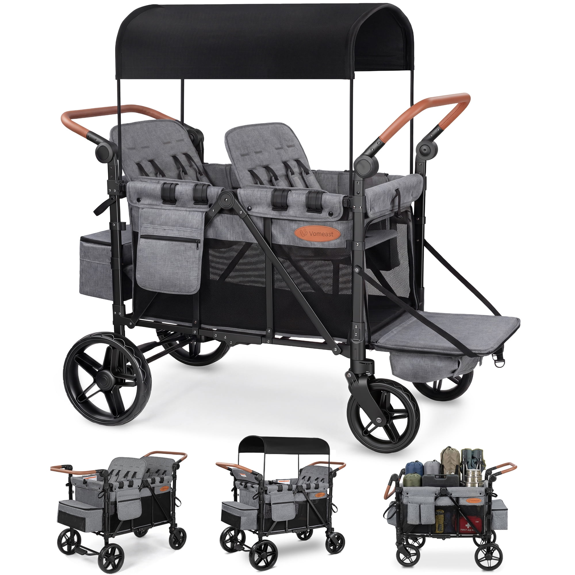 Vomeast Upgrade Wagon Stroller for 4 Kids, 4-Seater Outdoor Baby Stroller Wagon with Canopy, 5-Point Harness, Adjustable Handle(Grey)