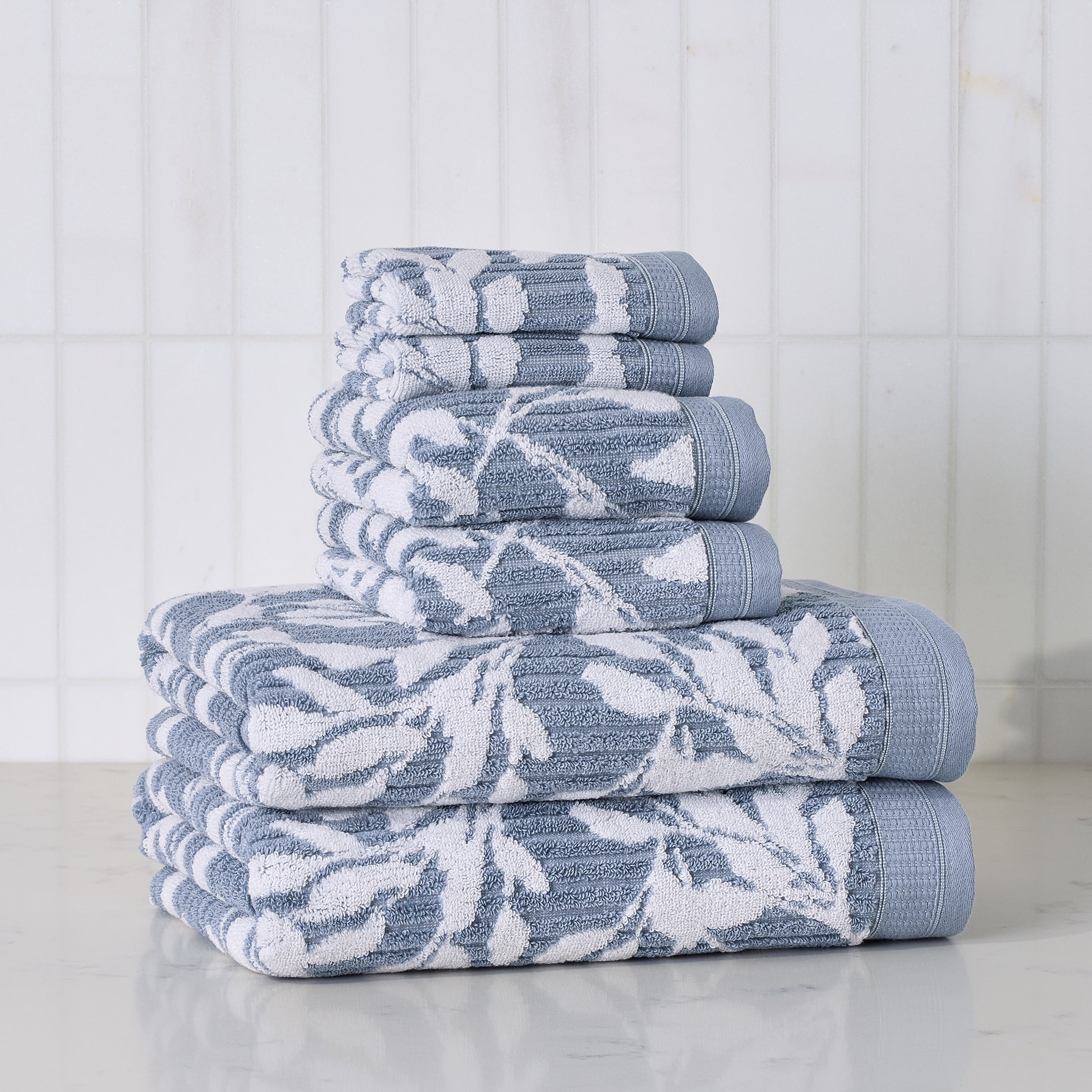 Better Homes & Gardens Signature Soft Floral 6 Piece Towel Set,Blue Silver/Arctic White