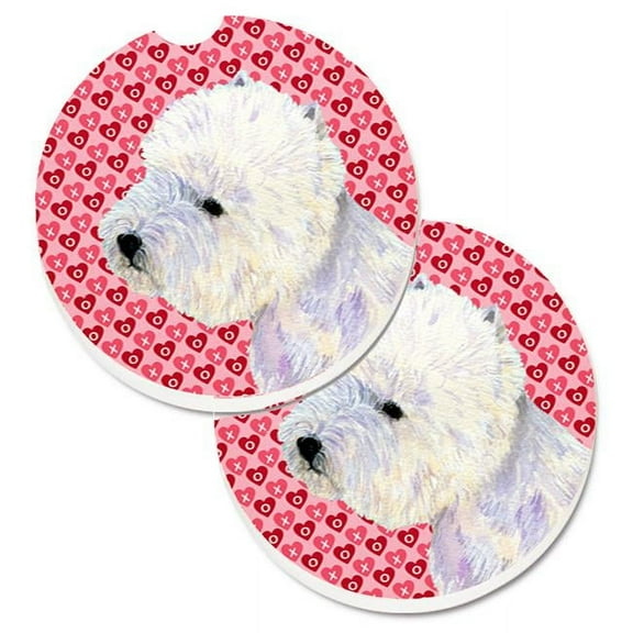 Westie Hearts Love & Valentines Day Portrait Set of 2 Cup Holder Car Coaster