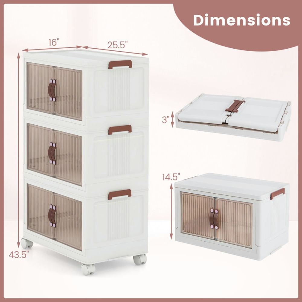 Finihen Storage Bins, 25.5/60 Gal 3-Tier Stackable Storage Boxes Bins with Magnetic Doors and Lockable Casters-M, for Living Room, Bedroom, Entryway, White