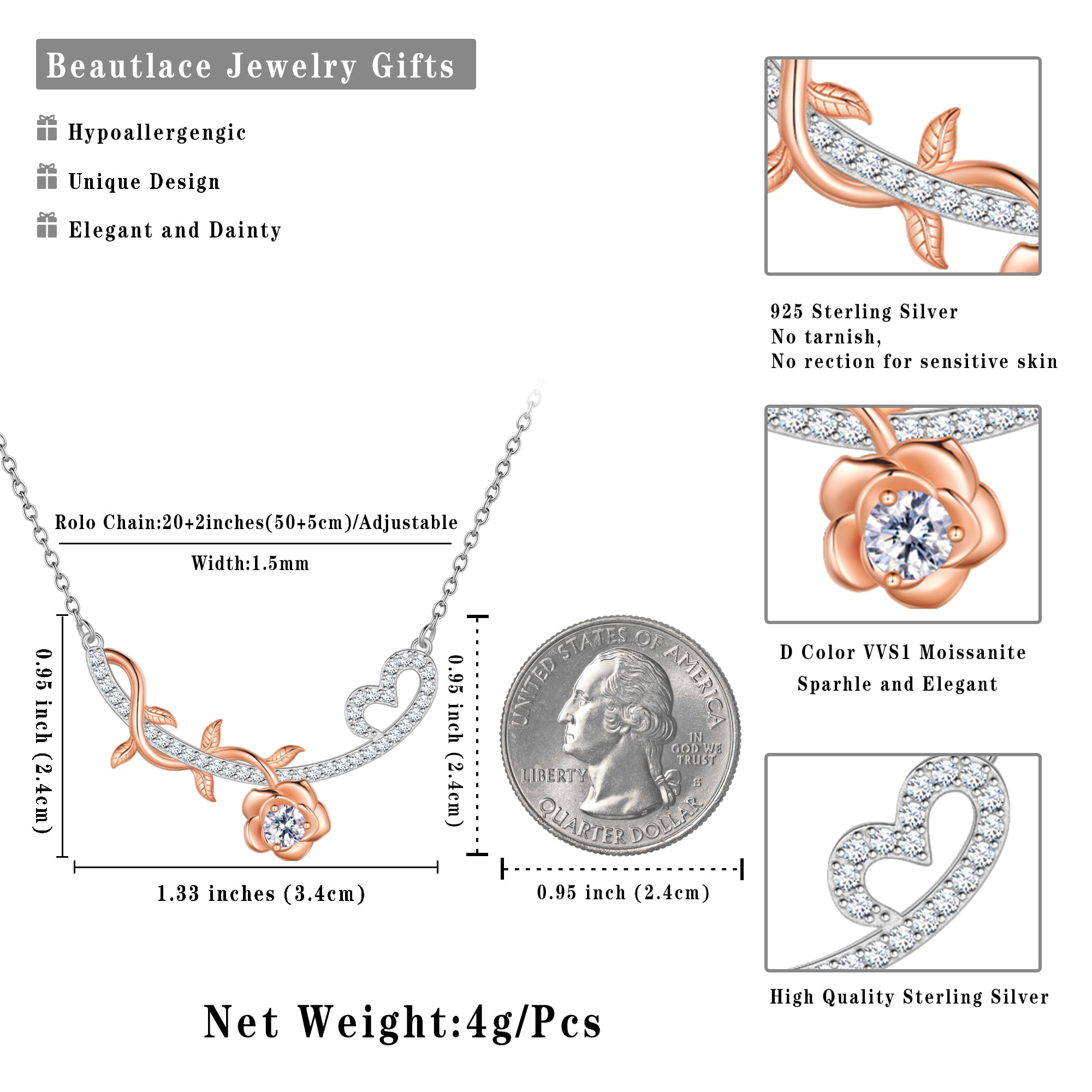 Beautlace 1/3 Carat Moissanite Necklace,D VVS1 18K White Gold over Stering Silver Rose Round Cut Simulated Diamond Pendant Necklace Jewelry Birthday Christmas Mother's Day Gifts for Women Mom