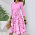 thumbnail image 4 of WTOBBY Women's Fashion Floral Print Belted Round Neck 3/4 Sleeve Dress, Casual Flowy Midi Sundress with Feminine Waist Accent,Light pink S, 4 of 5