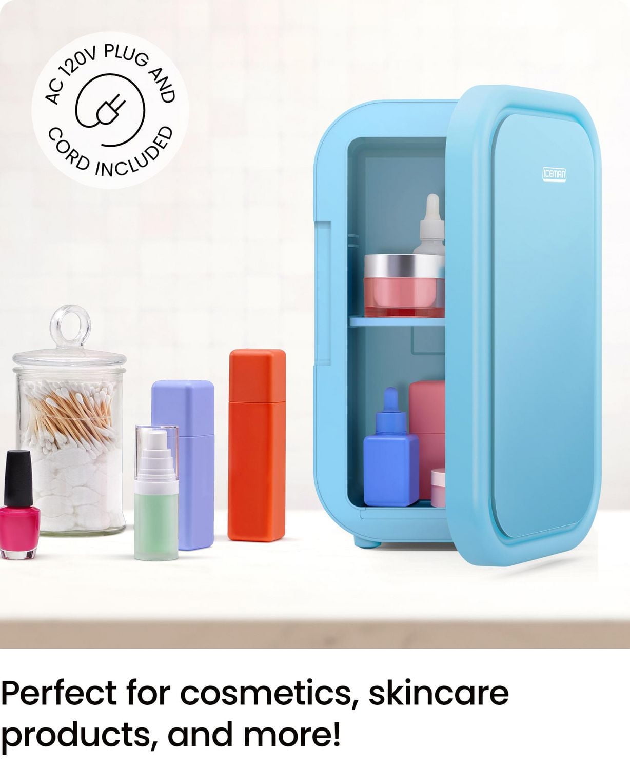 ICEMAN Portable Mini Fridge w/ 8 355 ml (12oz) Can Capacity, Cools and Heats, Car Plug Included - Blue, New