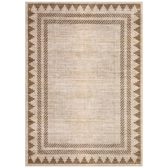 Geetinfly 5 x 7 ft Beige Brown Rectangular Polyester Bedroom Living Room Dining Room Geometric Bordered Indoor Modern Soft Non Slip Machine Washable Area Rug