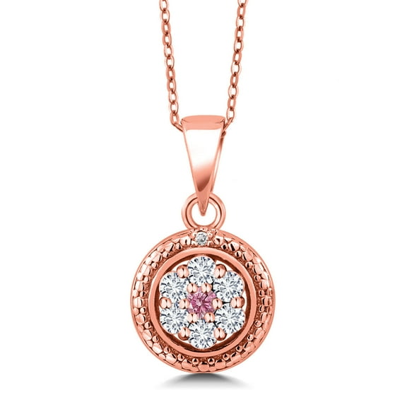 Gem Stone King 18K Rose Gold Plated Silver White and Pink Lab Grown Diamond Round Pendant Necklace for Women (0.34 Cttw, Gemstone Birthstone, with 18 inch Chain)