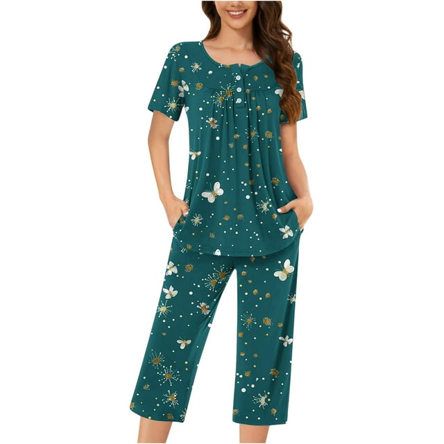 Birdeem Ensembles de Pyjama pour Femmes 2 Pcs Boutons Décontractés Col Rond Manches Courtes Blouse Mode Poches Pantalon Ensemble de Pyjama