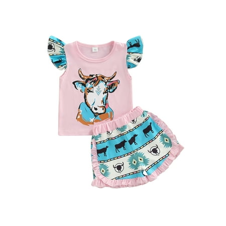 

Seyurigaoka Baby Girls 2PCS Pants Suit Cattle Patterns Fly Sleeve Crew Neck Top Shirt + High Waist Ruffle Trimmed Short Pants