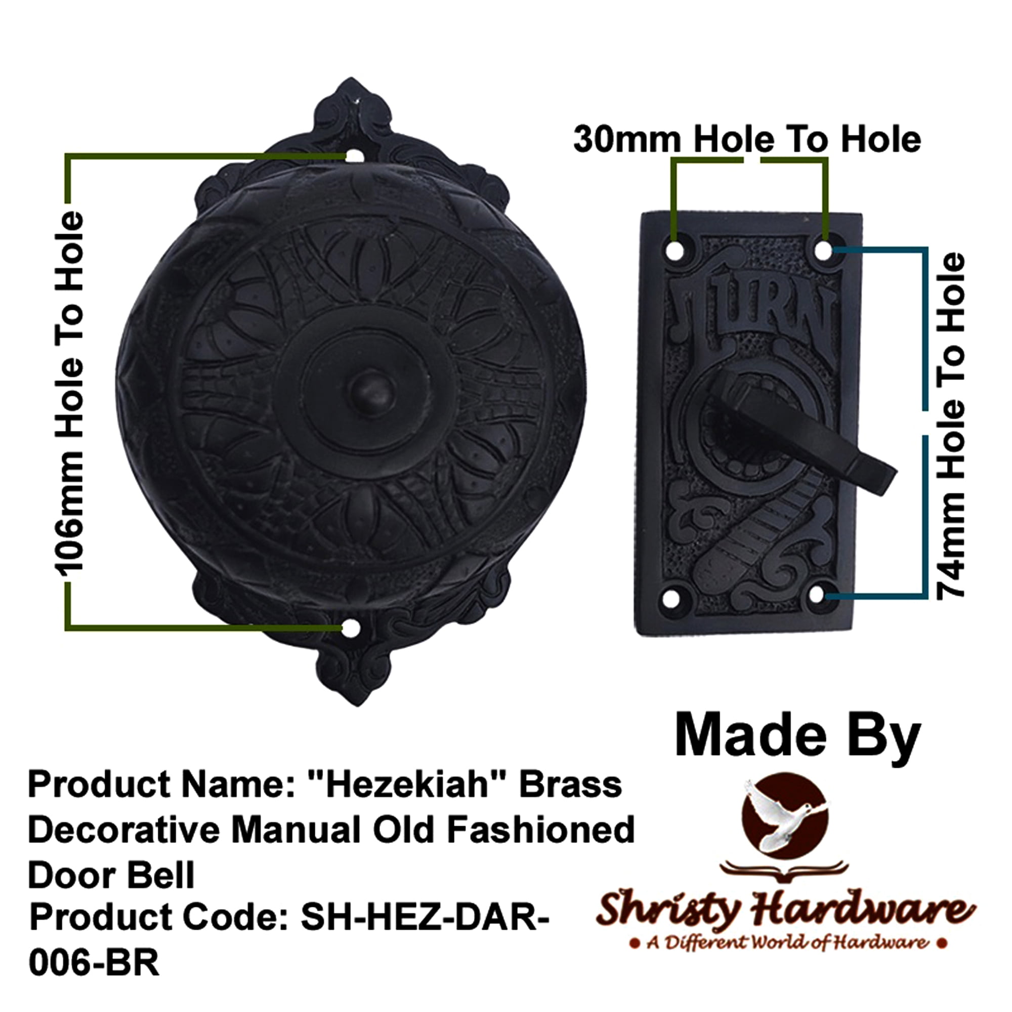 Shristy Hardware "Hezekiah" Brass Manual Old Fashioned Door Bell – Vintage Twist Bell with Key Plate – Mechanical Doorbell for Home – (Pack of 1 Antique Black Finish)