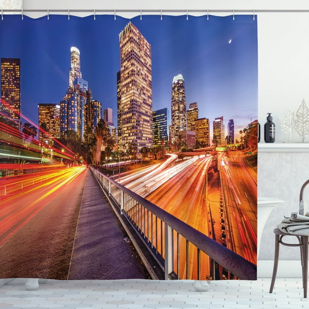 Night Shower Curtain Usa Downtown City, Curtain Fabric Los Angeles